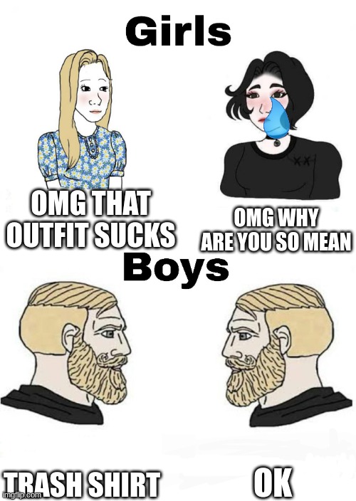 Girls vs Boys | OMG THAT OUTFIT SUCKS; OMG WHY ARE YOU SO MEAN; OK; TRASH SHIRT | image tagged in girls vs boys | made w/ Imgflip meme maker
