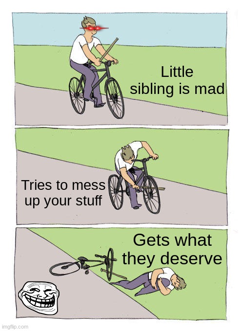 Relatable? | Little sibling is mad; Tries to mess up your stuff; Gets what they deserve | image tagged in memes,bike fall | made w/ Imgflip meme maker