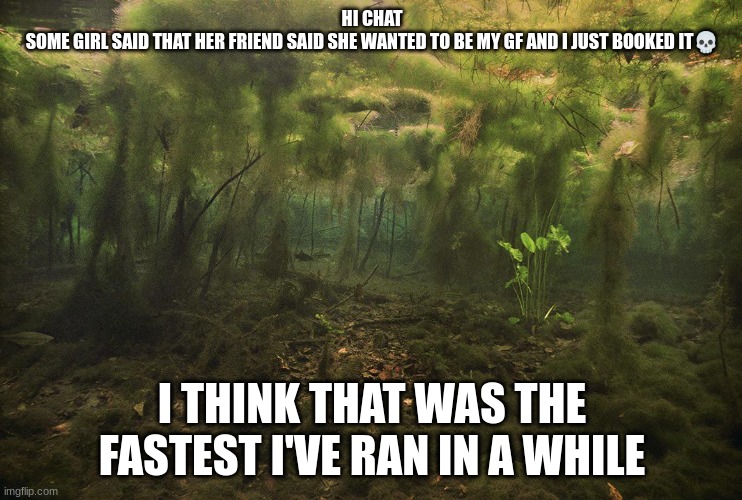 Swamp | HI CHAT
SOME GIRL SAID THAT HER FRIEND SAID SHE WANTED TO BE MY GF AND I JUST BOOKED IT💀; I THINK THAT WAS THE FASTEST I'VE RAN IN A WHILE | image tagged in swamp | made w/ Imgflip meme maker