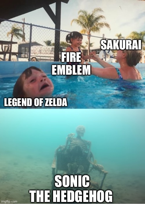 That’s no good | SAKURAI; FIRE EMBLEM; LEGEND OF ZELDA; SONIC THE HEDGEHOG | image tagged in swimming pool kids | made w/ Imgflip meme maker