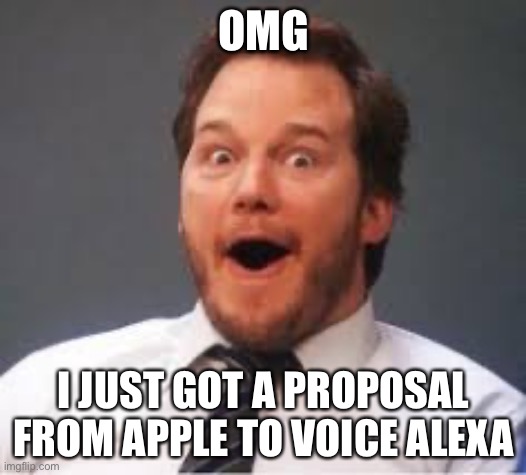 Chris Pratt voices everything | OMG; I JUST GOT A PROPOSAL FROM APPLE TO VOICE ALEXA | image tagged in chris pratt | made w/ Imgflip meme maker