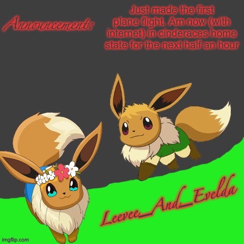 Leevee_And_Evelda temp | Just made the first plane flight. Am now (with internet) in cinderaces home state for the next half an hour | image tagged in leevee_and_evelda temp | made w/ Imgflip meme maker