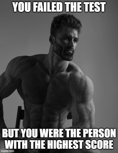 Giga Chad | YOU FAILED THE TEST; BUT YOU WERE THE PERSON WITH THE HIGHEST SCORE | image tagged in giga chad | made w/ Imgflip meme maker