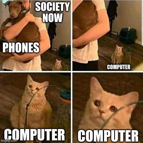 Don't forget about the computer |  SOCIETY NOW; PHONES; COMPUTER; COMPUTER; COMPUTER | image tagged in sad cat holding dog,computer,pc,phone,technology,dont forget | made w/ Imgflip meme maker