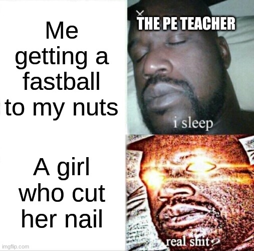 All teachers | Me getting a fastball to my nuts; THE PE TEACHER; A girl who cut her nail | image tagged in memes,sleeping shaq | made w/ Imgflip meme maker