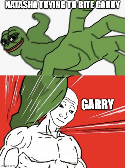 My Pet Geckos Once Did This |  NATASHA TRYING TO BITE GARRY; GARRY | image tagged in pepe punch vs dodging wojak | made w/ Imgflip meme maker