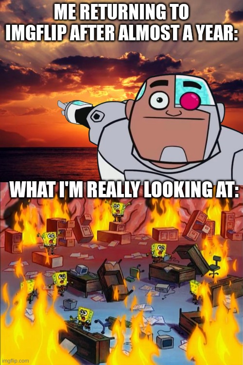 So this is how it feels to come back to the community | ME RETURNING TO IMGFLIP AFTER ALMOST A YEAR:; WHAT I'M REALLY LOOKING AT: | image tagged in sunset,spongebob fire | made w/ Imgflip meme maker