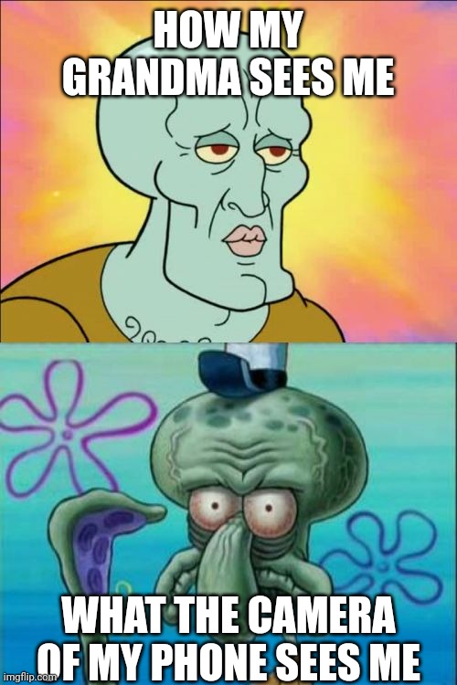 How my grandma sees me | HOW MY GRANDMA SEES ME; WHAT THE CAMERA OF MY PHONE SEES ME | image tagged in memes,squidward,handsome squidward,funny,grandma | made w/ Imgflip meme maker
