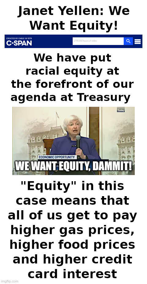 Janet Yellen: We Want Equity! | image tagged in janet yellen,old,incompetent,wrong,like,joe biden | made w/ Imgflip meme maker