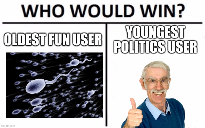 Who Would Win? | OLDEST FUN USER; YOUNGEST POLITICS USER | image tagged in memes,who would win | made w/ Imgflip meme maker