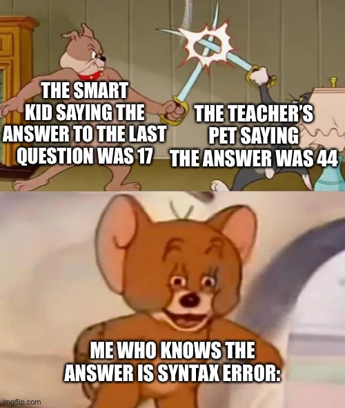 Tom and Spike fighting | THE SMART KID SAYING THE ANSWER TO THE LAST QUESTION WAS 17; THE TEACHER’S PET SAYING THE ANSWER WAS 44; ME WHO KNOWS THE ANSWER IS SYNTAX ERROR: | image tagged in tom and spike fighting | made w/ Imgflip meme maker