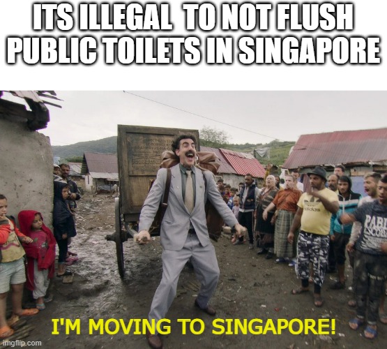 :O | ITS ILLEGAL  TO NOT FLUSH PUBLIC TOILETS IN SINGAPORE; I'M MOVING TO SINGAPORE! | image tagged in borat i go to america,flush,toilet,why are you reading this | made w/ Imgflip meme maker