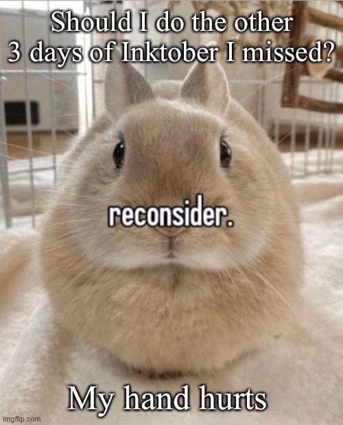 reconsider | Should I do the other 3 days of Inktober I missed? My hand hurts | image tagged in reconsider | made w/ Imgflip meme maker