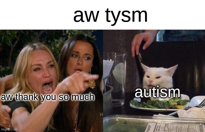 awtysm | aw tysm; autism; aw thank you so much | image tagged in memes,woman yelling at cat | made w/ Imgflip meme maker