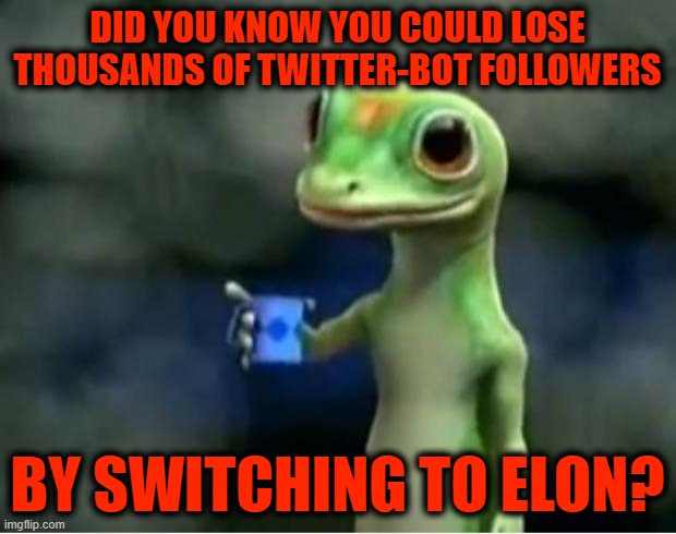 The Purge Has Begun | DID YOU KNOW YOU COULD LOSE THOUSANDS OF TWITTER-BOT FOLLOWERS; BY SWITCHING TO ELON? | image tagged in geico gecko | made w/ Imgflip meme maker