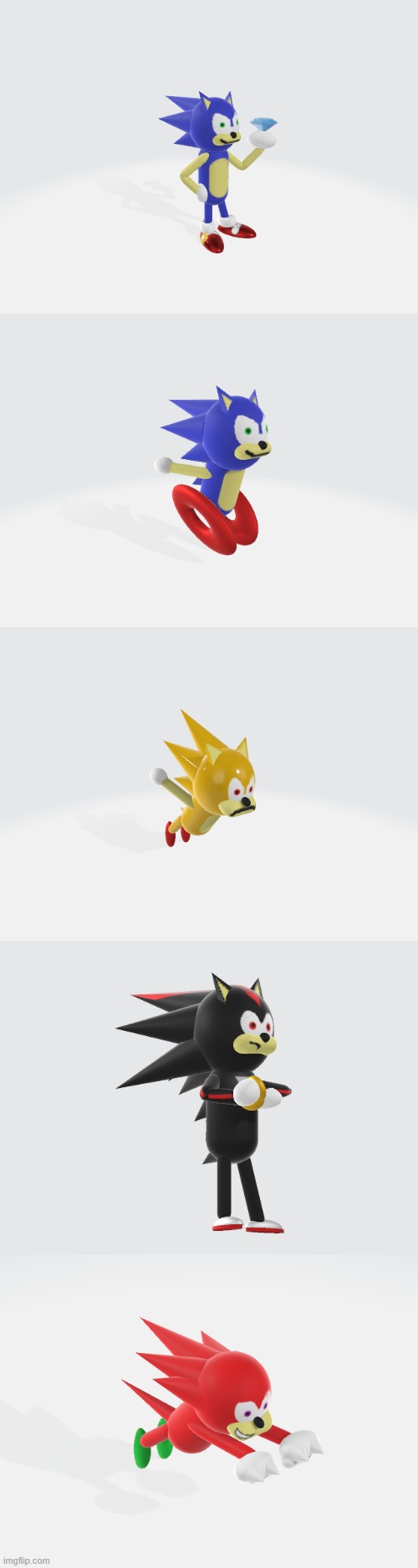 I made 3D models of Sonic, Shadow, and Knuckles. Comment any other ideas you guys have for me. | image tagged in sonic,shadow the hedgehog,knuckles | made w/ Imgflip meme maker