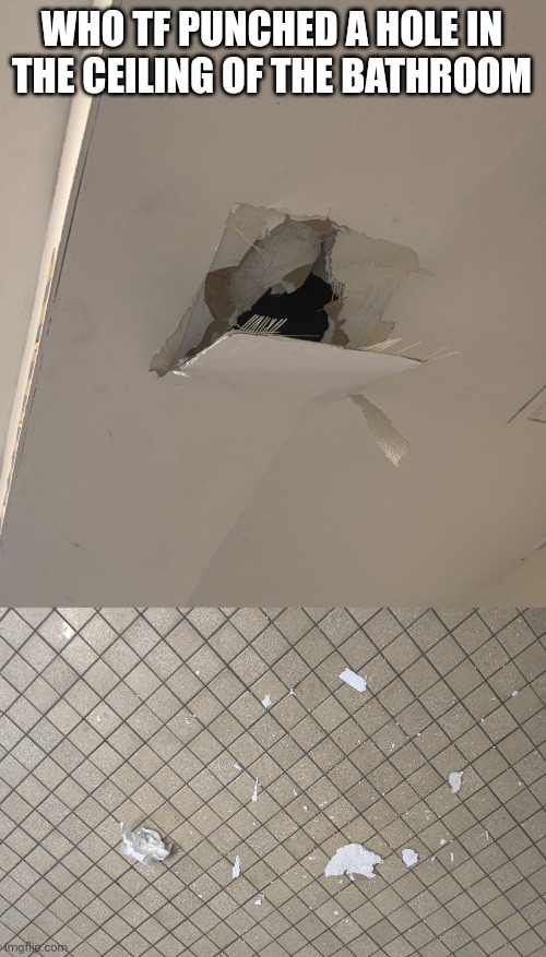 WHO TF PUNCHED A HOLE IN THE CEILING OF THE BATHROOM | made w/ Imgflip meme maker