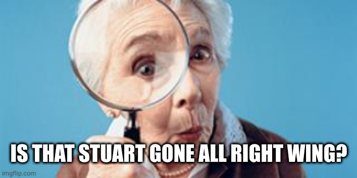 Old lady magnifying glass | IS THAT STUART GONE ALL RIGHT WING? | image tagged in old lady magnifying glass | made w/ Imgflip meme maker