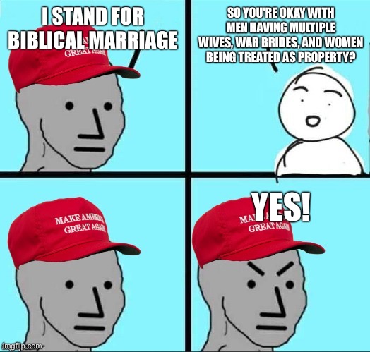 MAGA NPC (AN AN0NYM0US TEMPLATE) | SO YOU'RE OKAY WITH MEN HAVING MULTIPLE WIVES, WAR BRIDES, AND WOMEN BEING TREATED AS PROPERTY? I STAND FOR BIBLICAL MARRIAGE; YES! | image tagged in maga npc an an0nym0us template | made w/ Imgflip meme maker