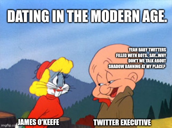 Twitter dating | DATING IN THE MODERN AGE. YEAH BABY TWITTERS FILLED WITH BOTS.  SAY...WHY DON'T WE TALK ABOUT SHADOW BANNING AT MY PLACE? TWITTER EXECUTIVE; JAMES O'KEEFE | image tagged in funny,twitter,dating,bugs bunny | made w/ Imgflip meme maker