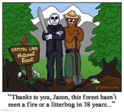 EVERY FOREST NEEDS A JASON | image tagged in friday the 13th,jason voorhees,smokey the bear,comics/cartoons,spooktober | made w/ Imgflip meme maker