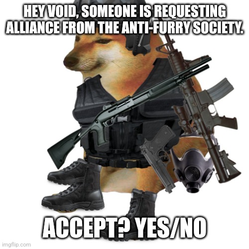 Anti-Furry Society, requesting alliance. | HEY VOID, SOMEONE IS REQUESTING ALLIANCE FROM THE ANTI-FURRY SOCIETY. ACCEPT? YES/NO | image tagged in furry,memes | made w/ Imgflip meme maker