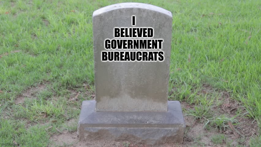 Government is not your friend | I BELIEVED GOVERNMENT BUREAUCRATS | image tagged in blank tombstone 001 | made w/ Imgflip meme maker