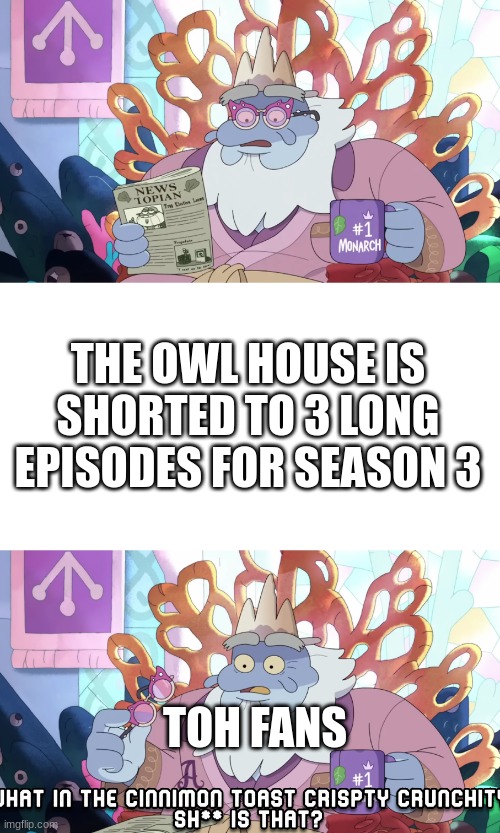 what in the cinnmon toast crispity crunchity sh*t is that? | THE OWL HOUSE IS SHORTED TO 3 LONG EPISODES FOR SEASON 3; TOH FANS | image tagged in what in the cinnmon toast crispity crunchity sh t is that | made w/ Imgflip meme maker