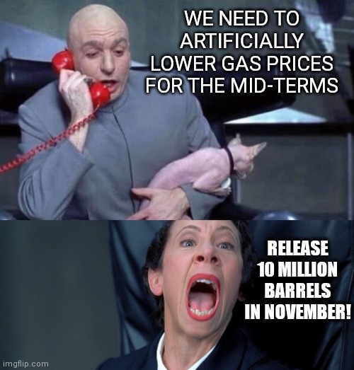 Dumping reserves | WE NEED TO ARTIFICIALLY LOWER GAS PRICES FOR THE MID-TERMS; RELEASE 10 MILLION BARRELS IN NOVEMBER! | image tagged in dr evil and frau,biden,gas prices,democrats | made w/ Imgflip meme maker