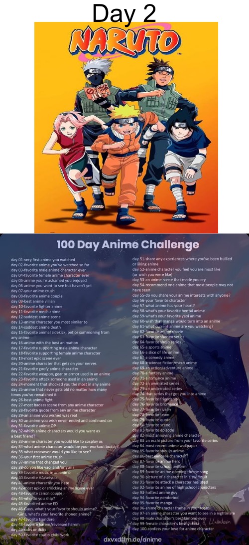 Here is Day 2. | Day 2 | image tagged in blank white template,100 day anime challenge | made w/ Imgflip meme maker