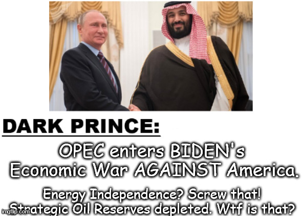 Then USA's Oil Ran Out | OPEC enters BIDEN's 
Economic War AGAINST America. Energy Independence? Screw that!
Strategic Oil Reserves depleted. Wtf is that? | image tagged in memes,politics | made w/ Imgflip meme maker