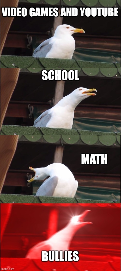 Inhaling Seagull | VIDEO GAMES AND YOUTUBE; SCHOOL; MATH; BULLIES | image tagged in memes,inhaling seagull | made w/ Imgflip meme maker