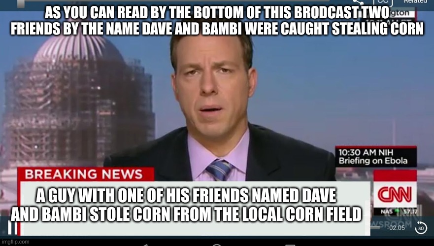 yep,they are on the news | AS YOU CAN READ BY THE BOTTOM OF THIS BRODCAST TWO FRIENDS BY THE NAME DAVE AND BAMBI WERE CAUGHT STEALING CORN; A GUY WITH ONE OF HIS FRIENDS NAMED DAVE AND BAMBI STOLE CORN FROM THE LOCAL CORN FIELD | image tagged in cnn breaking news template | made w/ Imgflip meme maker