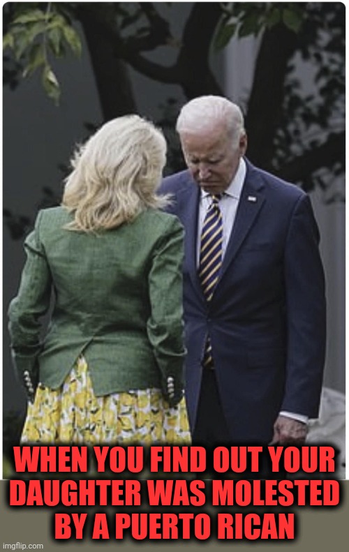 Jill scolds Joe Biden and he pouts | WHEN YOU FIND OUT YOUR
DAUGHTER WAS MOLESTED
BY A PUERTO RICAN | image tagged in jill scolds joe biden and he pouts,daughter,puerto rican,molested | made w/ Imgflip meme maker