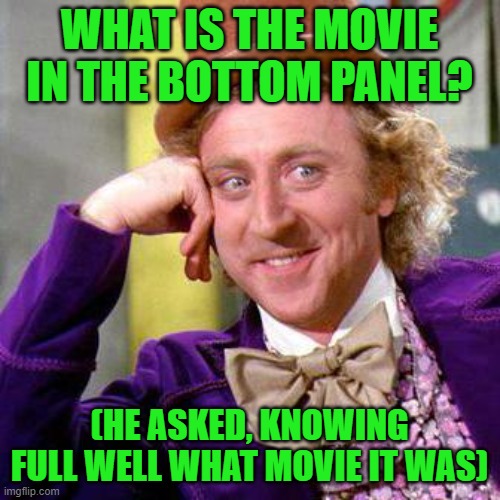 Willy Wonka Blank | WHAT IS THE MOVIE IN THE BOTTOM PANEL? (HE ASKED, KNOWING FULL WELL WHAT MOVIE IT WAS) | image tagged in willy wonka blank | made w/ Imgflip meme maker