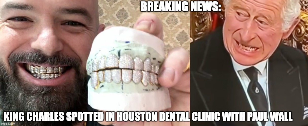 king of Houston meets King of Wales - rohb/rupe | BREAKING NEWS:; KING CHARLES SPOTTED IN HOUSTON DENTAL CLINIC WITH PAUL WALL | image tagged in king charles,paul wall,disco ball in yo mouf | made w/ Imgflip meme maker