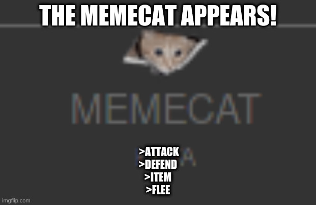 The Memecat Appears! | THE MEMECAT APPEARS! >ATTACK
>DEFEND
>ITEM
>FLEE | image tagged in rpg,funny,cats,gaming,easter egg | made w/ Imgflip meme maker