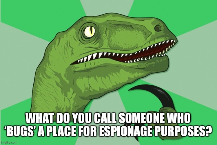 new philosoraptor | WHAT DO YOU CALL SOMEONE WHO ‘BUGS’ A PLACE FOR ESPIONAGE PURPOSES? | image tagged in new philosoraptor | made w/ Imgflip meme maker