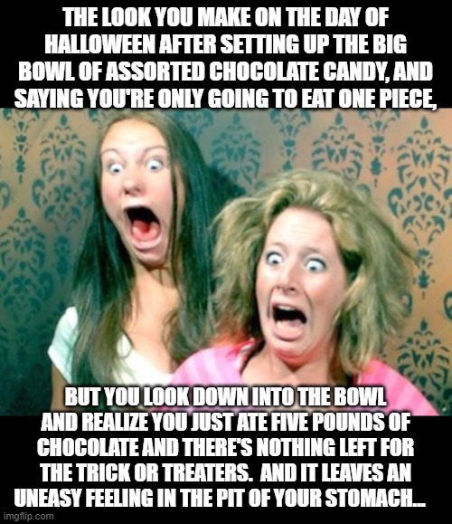 Halloween Horrors! | THE LOOK YOU MAKE ON THE DAY OF HALLOWEEN AFTER SETTING UP THE BIG BOWL OF ASSORTED CHOCOLATE CANDY, AND SAYING YOU'RE ONLY GOING TO EAT ONE PIECE, BUT YOU LOOK DOWN INTO THE BOWL AND REALIZE YOU JUST ATE FIVE POUNDS OF CHOCOLATE AND THERE'S NOTHING LEFT FOR THE TRICK OR TREATERS.  AND IT LEAVES AN UNEASY FEELING IN THE PIT OF YOUR STOMACH... | image tagged in memes,halloween,halloween is coming,trick or treat,halloween candy,horror | made w/ Imgflip meme maker