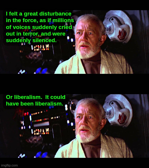 Liberalism | I felt a great disturbance
in the force, as if millions
of voices suddenly cried
out in terror, and were
suddenly silenced. Or liberalism.  It could
have been liberalism. | image tagged in star wars,obi-wan,the force,liberalism,globalism,democrats | made w/ Imgflip meme maker