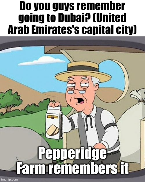 Do you guys remember going to Dubai? | Do you guys remember going to Dubai? (United Arab Emirates's capital city); Pepperidge Farm remembers it | image tagged in memes,pepperidge farm remembers,dubai,funny | made w/ Imgflip meme maker