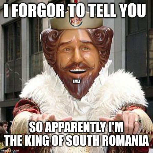 burger king | I FORGOR TO TELL YOU; (ME); SO APPARENTLY I'M THE KING OF SOUTH ROMANIA | image tagged in burger king | made w/ Imgflip meme maker