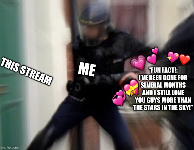 KNOCK KNOCK YOU FLUFFY KINGS AND QUEENS | ME; 💗💕; 💖❤️; “FUN FACT!: I’VE BEEN GONE FOR SEVERAL MONTHS AND I STILL LOVE YOU GUYS MORE THAN THE STARS IN THE SKY!”; THIS STREAM; 💞💝 | image tagged in fbi open up,wholesome | made w/ Imgflip meme maker