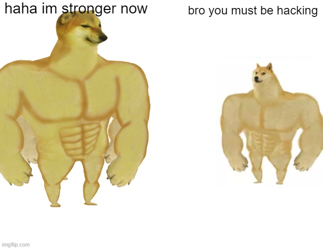 buff | haha im stronger now; bro you must be hacking | image tagged in buff doge vs cheems,buff cheems,funny memes,fun,doge,cheems | made w/ Imgflip meme maker