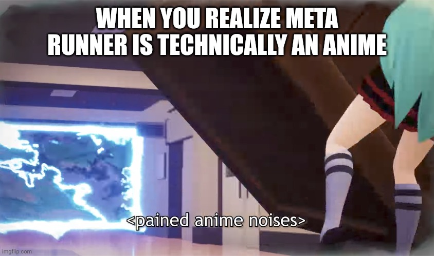 Wait... META RUNNER IS AN ANIME?! | WHEN YOU REALIZE META RUNNER IS TECHNICALLY AN ANIME | image tagged in no anime allowed,no anime | made w/ Imgflip meme maker