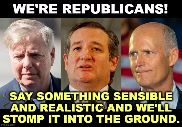 We're Republicans! We like crazy! | WE'RE REPUBLICANS! SAY SOMETHING SENSIBLE AND REALISTIC AND WE'LL STOMP IT INTO THE GROUND. | image tagged in republicans,hate,logic,sense,reality | made w/ Imgflip meme maker