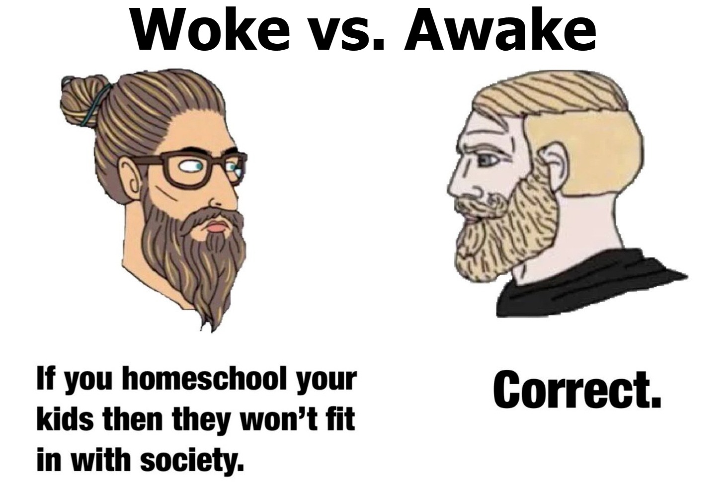 Woke vs. Awake | Woke vs. Awake | image tagged in woke,awake,the great awakening,soyboy,soyboy vs yes chad,cucks | made w/ Imgflip meme maker