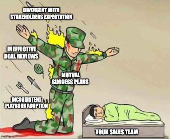 Mutual Success Plans | DIVERGENT WITH STAKEHOLDERS EXPECTATION; INEFFECTIVE DEAL REVIEWS; MUTUAL SUCCESS PLANS; INCONSISTENT PLAYBOOK ADOPTION; YOUR SALES TEAM | image tagged in soldier protecting sleeping child | made w/ Imgflip meme maker