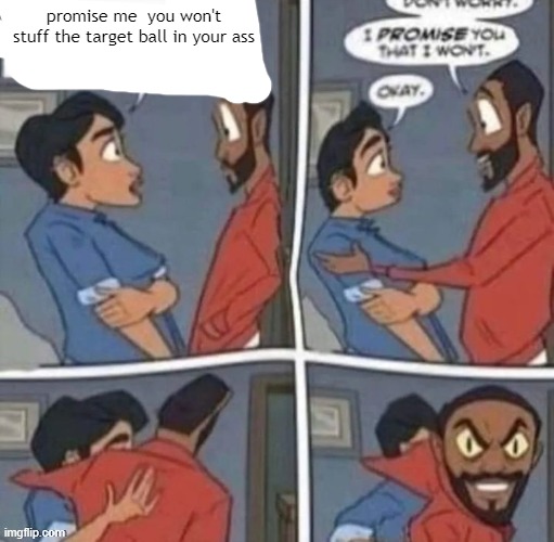 promise me you wont blank | promise me  you won't stuff the target ball in your ass | image tagged in promise me you wont blank | made w/ Imgflip meme maker