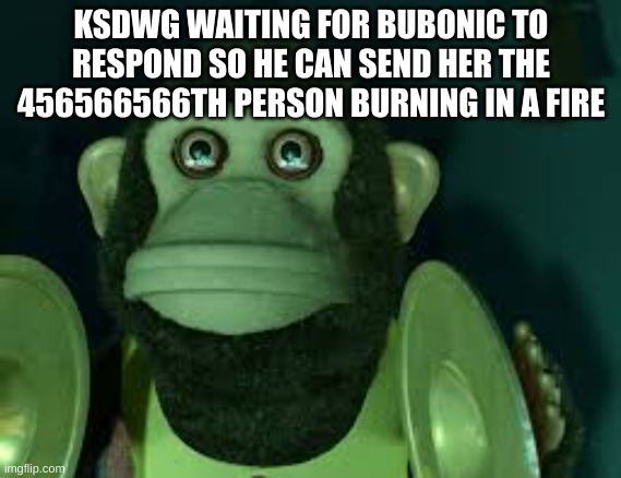 Toy Story Monkey | KSDWG WAITING FOR BUBONIC TO RESPOND SO HE CAN SEND HER THE 456566566TH PERSON BURNING IN A FIRE | image tagged in toy story monkey | made w/ Imgflip meme maker